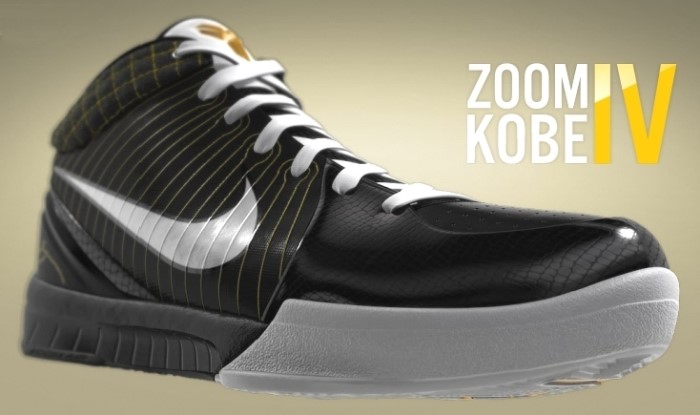 Kobe Bryant Nike Zoom Kobe IV (4), Black and White Edition with colors black, white and yellow. Picture 01